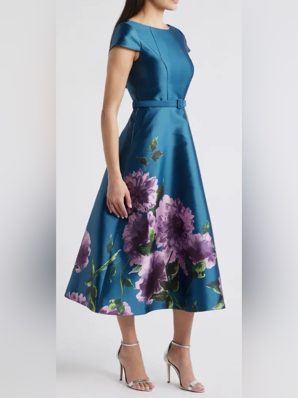 NWOT Kay Unger Ina Floral Belted midi teal blue French Rose Dress sz 12 - Picture 2 of 9